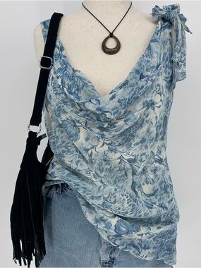Vintage Blue Floral Draped Tank Top Cottagecore Tie Shoulder